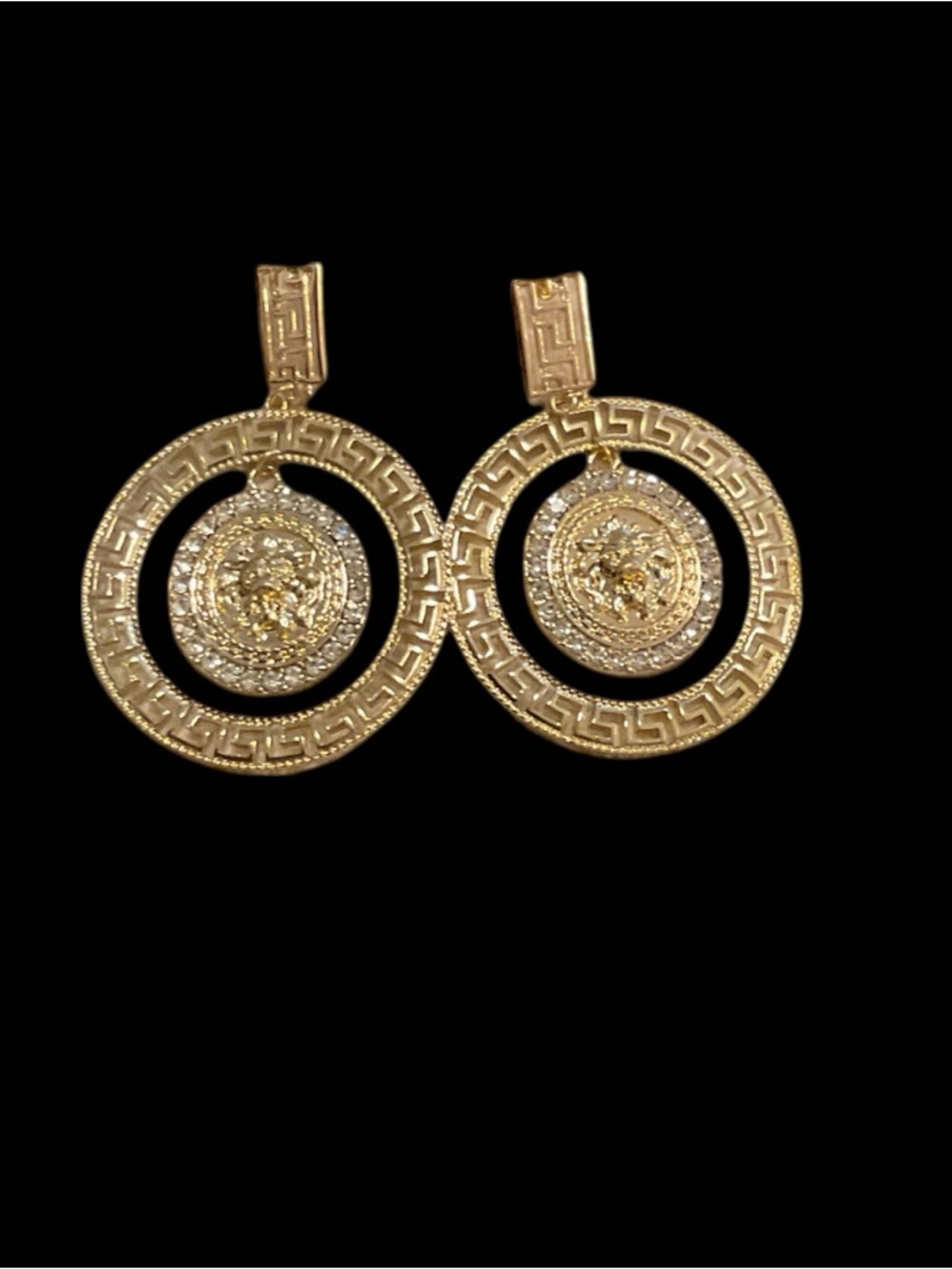 Gold-Tone Lion Head Medallion Circle Drop Earrings